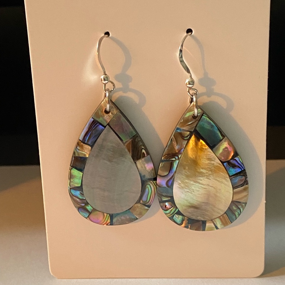 Abalone Shell Inlay Dangle Earrings Sterling Silver Earring Hooks